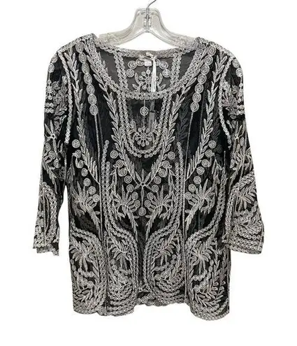 Ultra Pink Lace Sheer Embroidered Top Black Size Medium