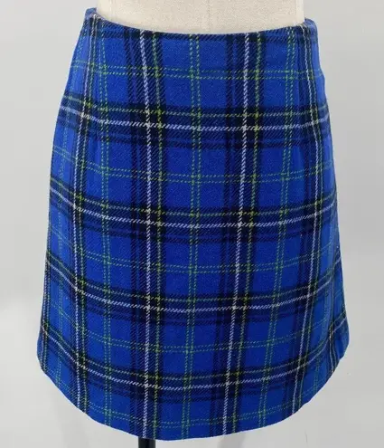 Vintage 90s Express Plaid Wool A Line Mini Skirt Blue Yellow Black Womens XS