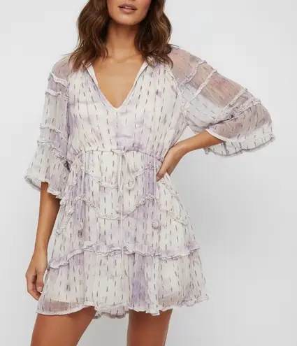 HEMANT & NANDITA Ruffle Tiered Mini Dress Purple Tie Dye Metallic Accents M Size M