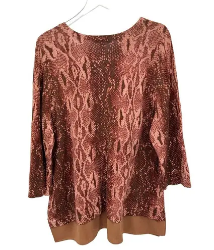 Isaac Mizrahi  blouse snakeskin print chiffon knit 3/4 sleeve brown tunic 2X