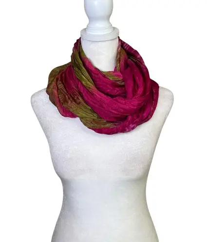VTG Infinity Scarf Shawl Cowl Wrap Fuchsia Olive Green Silky Boho Colorful Chic