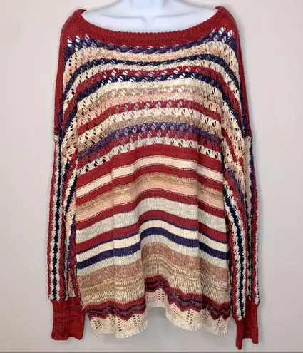 Umgee Boho Oversized Red Stripe Crochet Sweater