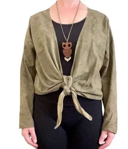 Anne Klein 1970s  Vintage Olive Green Suede Leather Front Tie Cardigan Jacket