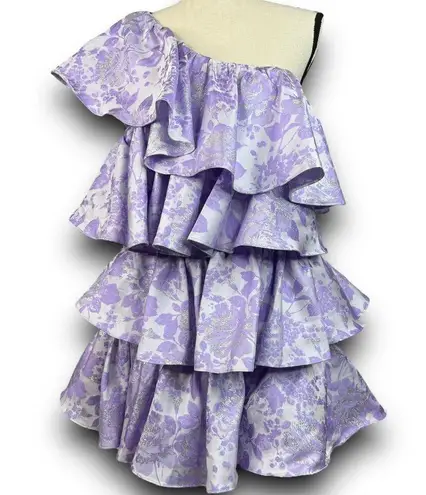 ASOS LUXE Ruffle One Shoulder Jacquard Mini Dress Purple Silver 6 Runs Small
