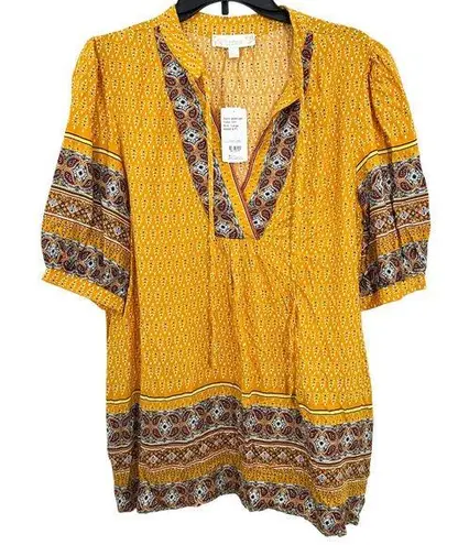 Weekend Suzanne Betro Boho Tunic Top Size L Elbow Flounce Notch Neck Casual NWT Yellow Size L