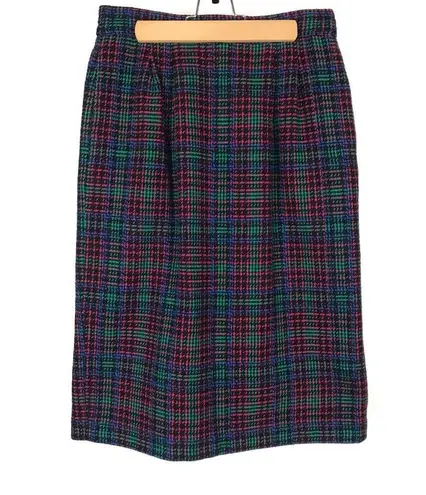 Vintage Joan Leslie Tweed Skirt Wool Blend Pink Green Blue Plaid Retro Skirt 6P
