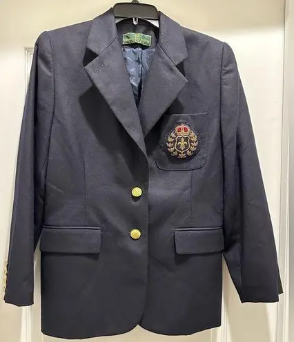 Vintage EMBASSY ROW Women's size 8P Wool Two Button Preppy Blazer Crest Emblem Blue