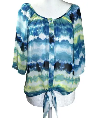 A Byer Womens Blouse Size M Blue Green Watercolor Tie-Front Sheer Open Sleeves