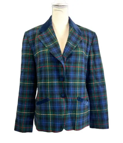 Pendleton Plaid Blazer Tuxedo Style Wool Velvet Trim Blue Jacket Tartan Punk