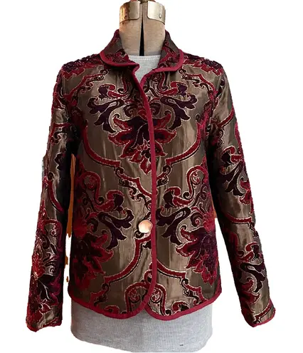 Tapestry Dinner Jacket, Gold and Reds, One Button, Holiday Ready! Size M