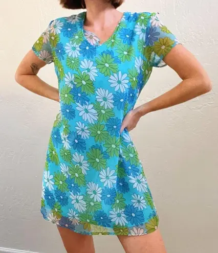 Vintage Blue  Daisy Floral Print Short Sleeve Mini Mod Dress