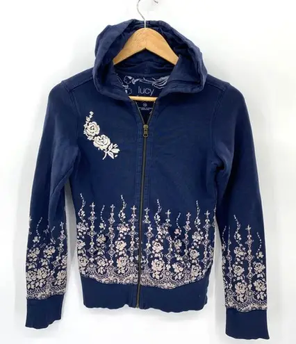 Lucy Art Hoodie Women XS Blue Cotton Floral Embroidered Screenprint Hood Pockets