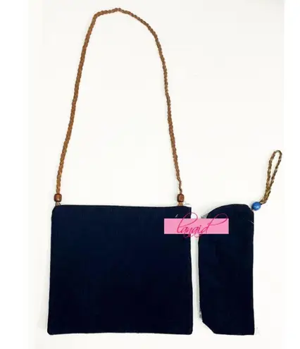 Handmade BUNDLE Blue Feather Beaded Rustic Crossbody Bag Wristlet Corduroy Set