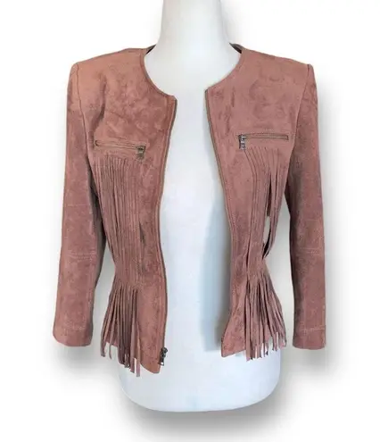 BCBG Max Azria Reiss Vegan Suede Leather Jacket Fringe Accents Toffee Brown