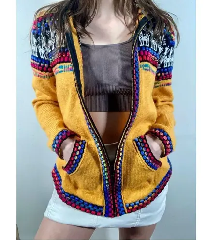 Vtg Y2K Handmade Sz Small Full Zip Hooded Mexican Poncho Boho Sweater Multicolor Yellow
