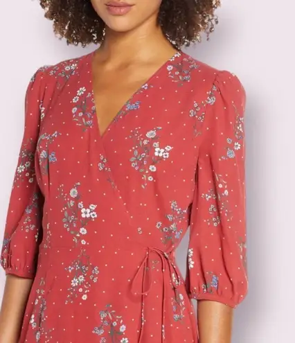 Chelsea28 Floral Dot Print Tiered Wrap Dress in Dusty Red SZ 6