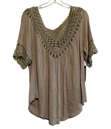 My Emblem Young Contemporary Macrame Crochet Taupe Brown Tunic Blouse M NWT Size M