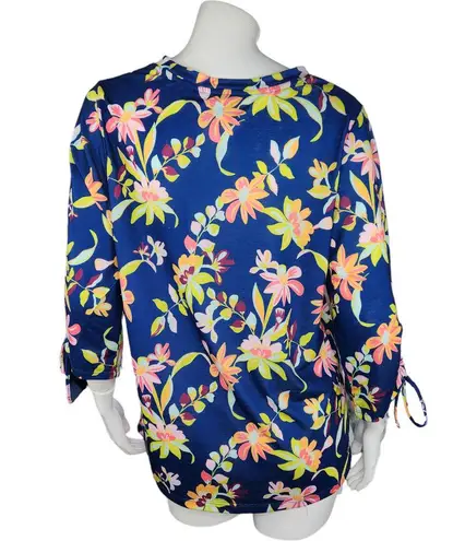 Caribbean Joe Women's Large Blue Floral Blouse 3/4 Sleeves Tie Detail NWT Cruise