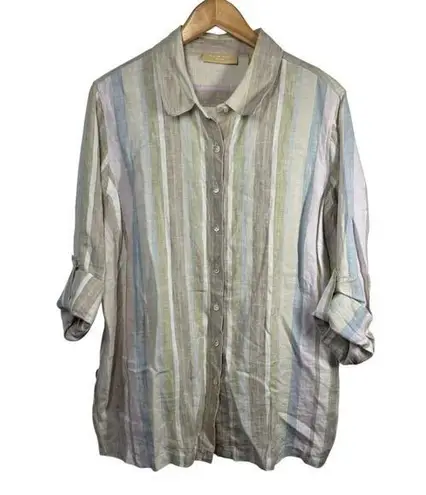 Kate Hill Top Women 2X Plus Size Tan Stripe 100% Linen Button Up Roll Tab Coast