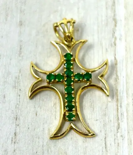Solid 18K, genuine emeralds cross pendant Gold