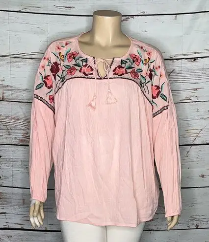Ruff Hewn NWT Size 3X Pink - Floral Embroidered Tassel Tie Peasant Shirt Top