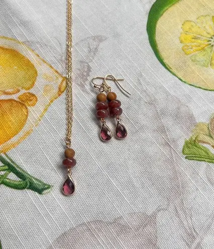 Garnet Jewelry Set, Strawberry Quartz Necklace, Nature Wood Bead Casual Set Red