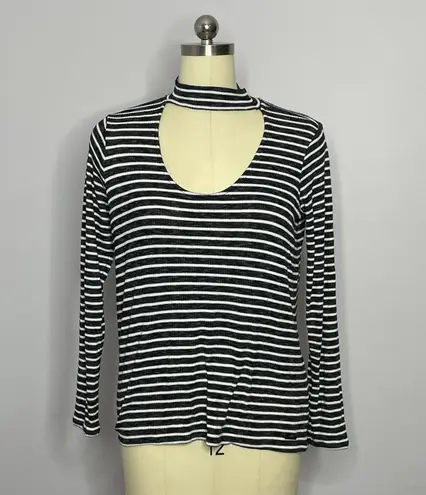 Calvin Klein Jeans Striped Cut-Out Mock Neck Top M