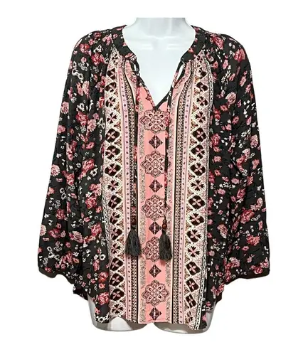 Mason & Belle “Caseey” Gauze Floral Mixed Print Split Collar Tassel Detail Top M