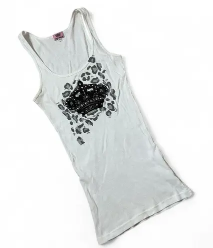 Y2K Yvette Mandell White Ribbed Tank Top Crown Rhinestone Leopard Print Size L Size L