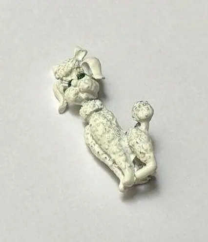 White Enamel Poodle Dog With Green Rhinestone Eyes Brooch Pin