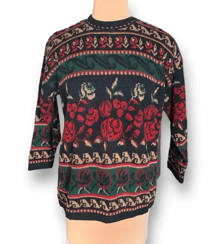 Vintage 90s Sweater Red Rose Dark Floral Knit Pullover Black Green Made in USA Size M