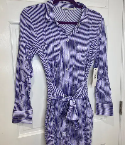 Bishop and Young Blue & White Striped Long Sleeve Button Shift Dress Small NWT