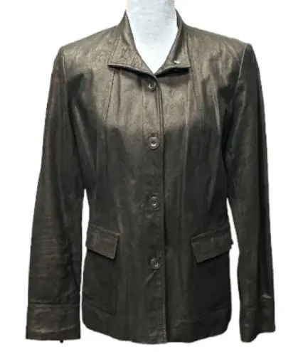 Alfani Brown Genuine Leather Jacket With Copper Gold Sheen Womens Size M Zip Up