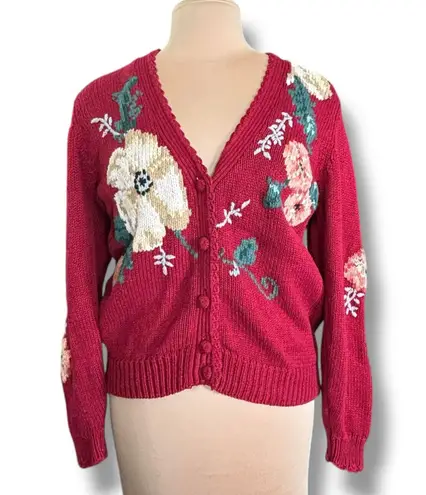 Vintage 90s Herman Geist Hand Embroidered Floral Knit Cardigan Sweater Red Crop Size M