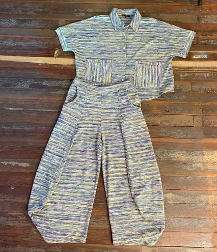 Kozan 2 Piece Colorful Striped Button Up Top Pull On Pants Set ~ Size M/L 🧡🍄 Yellow