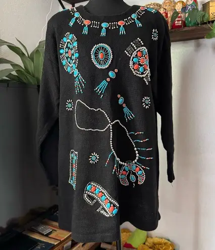 Vintage 90’s Victoria Jones Turquoise Jewelry Beaded Sweater Black Size L