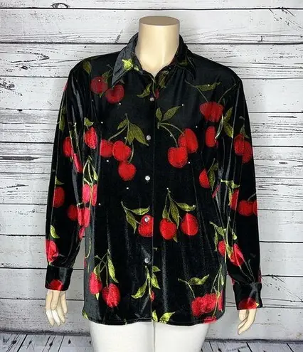 Quacker Factory Size 1X Black - Red Cherry Print Velvet Button Up Blouse Top