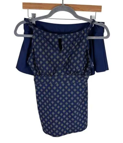 Kona Sol Navy Blue Yellow Keyhole Tankini Mini Swim Skirt Set Women's Size M