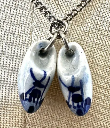 Blue and white white Dutch Windmill Painted on Ceramic Delft Shoes on chain