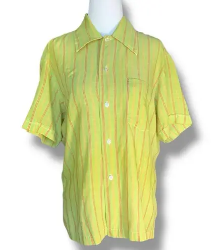 Vintage Brigade Striped Button Up Shirt Neon Green Orange Yellow Unisex Disco Size M