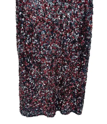 Theia Mixed Berry Sequin Shift Dress Open Cowl Back size 6 Cocktail Scoop Neck Blue