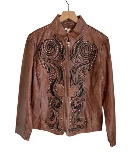 Reba Sierra Sunrise Sheep Leather Studded Zip Up Leather Distressed Jacket Large Brown