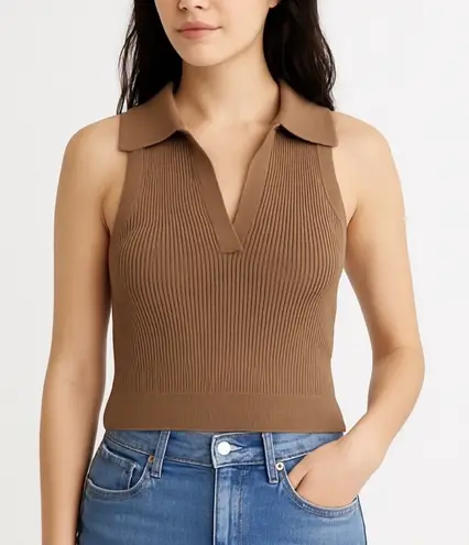 Abercrombie & Fitch  brown knit ribbed polo collared crop tank - small  - Image 1
