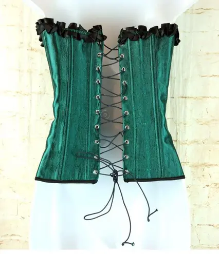 Overbust Corset Womens L Green Satin Black Trim Boned Halloween Cosplay Goth Size L
