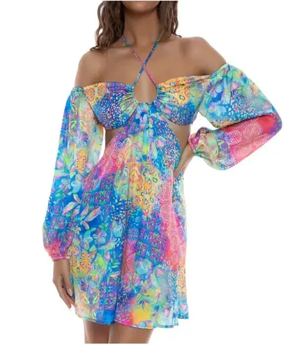 Luli Fama Women's Deco Gardens Halter Long Sleeve Cut Out Mini Dress Size Medium