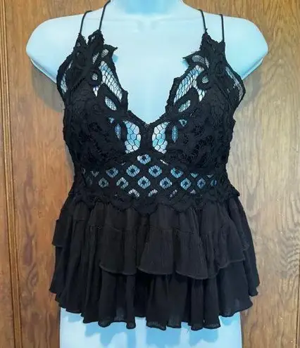 Free People Adella Top Black Medium Ruffle Lace Boho Sexy croché