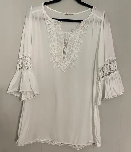 Solitaire Swim Solitaire Swim White Tunic Cover-Up Medium Lace V-Neck Embroidered Bell Sleeve
