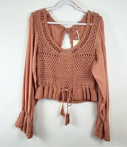 Free People Megan Crochet Knit Peplum Puff Long Sleeve Top in Orange Size Large