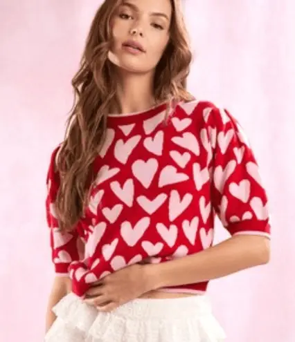 Peach Love California Short Sleeve Heart Sweater Womens Large Red Pink Valentine