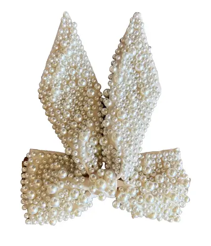 Ivory/Cream Allover Pearl Beaded Preppy Bridal Hair Bow Ribbon Clip Coquette